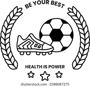 A soccer ball and a pair of cleats are shown in a circle with the words in the style of sign illustrations