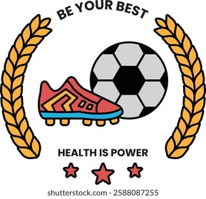 A soccer ball and a pair of red cleats are shown in a circle with the words in the style of sign illustrations