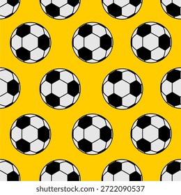 Patrón de balón de fútbol sobre un fondo amarillo. Diseño de patrón de fútbol juguetón. Ilustración de pelota de fútbol de repetición. Patrón amarillo brillante con temática deportiva. Patrón de fútbol simple y divertido.