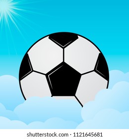 Soccer ball peeking out from behind the clouds. Blue sky and sun. Football concept. Sport vector illustration. Healthy lifestyle and activities. Easy to edit template for your design projects.