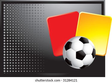 soccer ball and penalty cards on black horizontal halftone banner