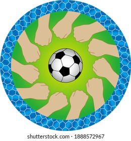 A soccer ball is placed in the center of the circle. 11 fists are laid out around the ball. A goal net is placed on the outer circumference of the circle. Illustration of the unity of the soccer team.