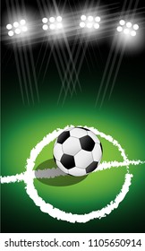 Soccer ball placed in the middle of the field.