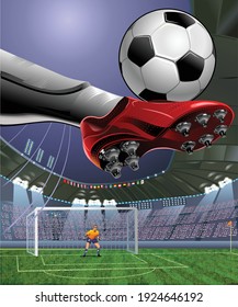 Soccer ball. Player kick the ball. Goalkeeper protect the gate