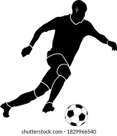 soccer ball player running with ball, isolated vector silhouette. sport man in black color.