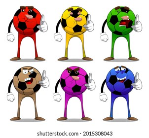 Soccer ball pointing at the viewer with his hand. Traditional football ball as a cartoon character with face.
