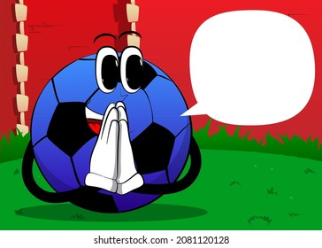 Soccer ball with praying hands. Traditional football ball as a cartoon character with face.