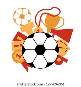 A soccer ball with a prize cup, medal, prizes, loudspeaker, cards, whistle and clock. Soccer game attributes for postcard, logo or design. Flat illustration. Vector.