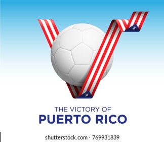 Soccer Ball With Puerto Rico Victory Flag Banner. Vector Illustration.