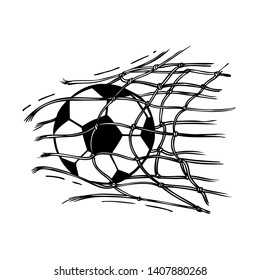 
The soccer ball quickly flies, a strong blow, the net of the football goal is torn. Sketch of a soccer ball.