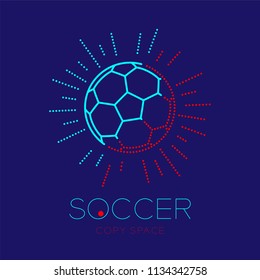 Soccer ball with radius frame logo icon outline stroke set dash line design illustration isolated on dark blue background with soccer text and copy space