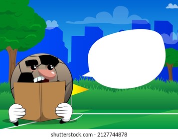 Soccer ball reading a book. Traditional football ball as a cartoon character with face.