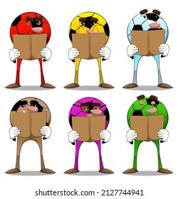 Soccer ball reading a book. Traditional football ball as a cartoon character with face.