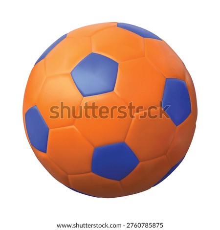 Soccer ball realistic 3D mockup vector icon. Render football ball isolated. Professional sports equipment for field team game. Cartoon ball decorated orange and blue hexagon pattern