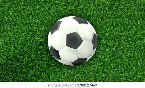 Soccer Ball Realistic 3D Render on Lush Green Grass Pattern: Top Down Aerial View for Football Sports Backgrounds.