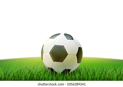 Soccer ball, realistic football ball on stadium grass field. 3d sport equipment for team game. Sphere black white object. Professional championship events design element. Vector isolated illustration