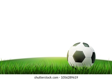 Soccer ball, realistic football ball on stadium grass field. 3d sport equipment for team game. Sphere black white object. Professional championship events design element. Vector isolated illustration