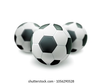 Soccer ball, realistic football ball set. 3d sport equipment for team game. Sphere black and white object. Professional championship events design element. Vector isolated illustration