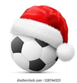 Soccer ball in red Santa Claus hat. Christmas head wear is put on association football ball. Vector image