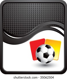 soccer ball with red and yellow cards on black wave background