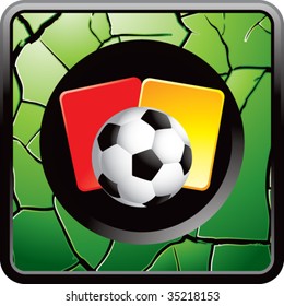 soccer ball with red and yellow cards on cracked green web icon