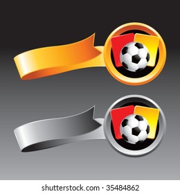 soccer ball with red and yellow cards on web banner ribbons