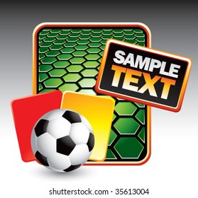 soccer ball with red and yellow cards on green hexagon banner