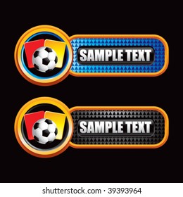 soccer ball with red and yellow cards on blue and black checkered banners