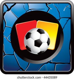 soccer ball with red and yellow cards on blue cracked web icon