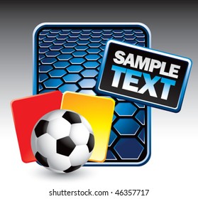 Fußballball mit roten und gelben Karten auf der blauen Hexagon-Vorlage