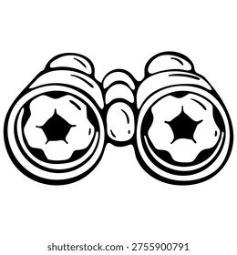 Soccer ball reflection in binoculars icon for championship. Football match watching, fan observation and scouting. Sport game viewing equipment. Hand drawn, doodle vector illustration.