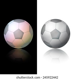 soccer ball with reflection on black and white background.