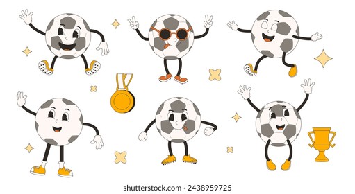 Mascota cómica retro de balón de fútbol. Carácter estupendo del fútbol. Manguera de goma estilo de animación equipo de juego deportivo aislado sobre fondo blanco. Ilustración plana vectorial.