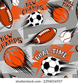 Soccer ball seamless pattern. Football repeat print. Basketball endless ornament. Rugby ball cover wallpaper. Grunge geometric background. Sport Lettering composition Goal time, new champion.