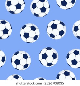 Balón de fútbol sin patrón. Antecedentes futbolísticos. Tema del deporte en estilo de dibujos animados planos sobre fondo azul.