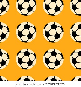 Soccer ball seamless pattern on yellow background. Repeating football icon texture. Sports game surface concept for design and print.