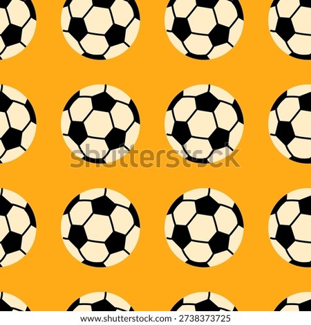 Soccer ball seamless pattern on yellow background. Repeating football icon texture. Sports game surface concept for design and print.