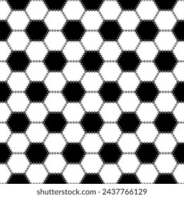 Patrón sin fisuras de la pelota de fútbol. Repitiendo estampado de fútbol negro aislado sobre fondo blanco. Textura hexagonal repetida para el diseño de estampados deportivos. Fondo de pantalla de repetición de patrón de bolas abstractas. Ilustración de vector