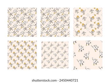 Soccer ball seamless patterns collection. Football retro cartoon endless backgrounds set. Groovy mascot repeat cover. Sport championship loop ornament. Vector flat illustration.