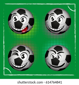 Soccer ball set of emoticons on the background of a football field. Emotion ball with a smile. Football theme for banner, sticker or card.