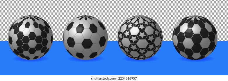 Soccer ball set Set realistic 3d design style. various types of black and white. Sports elements mockup. vector illustration
