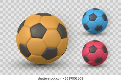 Soccer Ball Set With Realistic 3D Style in Yellow, Blue, and Red on Transparent Background. Ideal for Sports Designs, Games, or Web Assets. Vector Illustration.