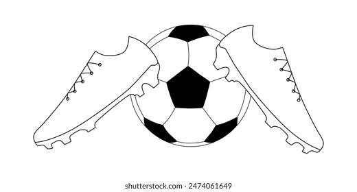 Soccer ball with shoes set icons. Vector stock illustration isolated on white background for design template football game and championship. Editable stroke line. EPS10 