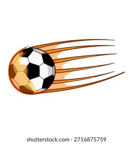 Soccer ball shooting forward, creating dynamic motion with glowing speed lines, representing power, competition, and fast paced sports action on a white background