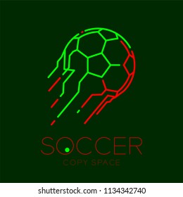 Soccer ball shooting logo icon outline stroke set dash line design illustration isolated on dark green background with soccer text and copy space