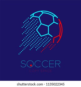 Soccer ball shooting logo icon outline stroke set dash line design illustration isolated on dark blue background with soccer text and copy space