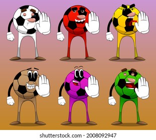 Soccer ball showing deny or refuse hand gesture. Traditional football ball as a cartoon character with face.