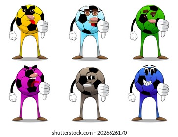 Soccer ball showing dislike hand sign. Traditional football ball as a cartoon character with face.