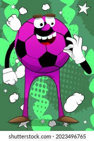 Soccer ball showing ok sign. Traditional football ball as a cartoon character with face.