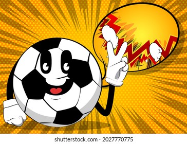 Soccer ball showing the V sign, peace hand gesture. Traditional football ball as a cartoon character with face.